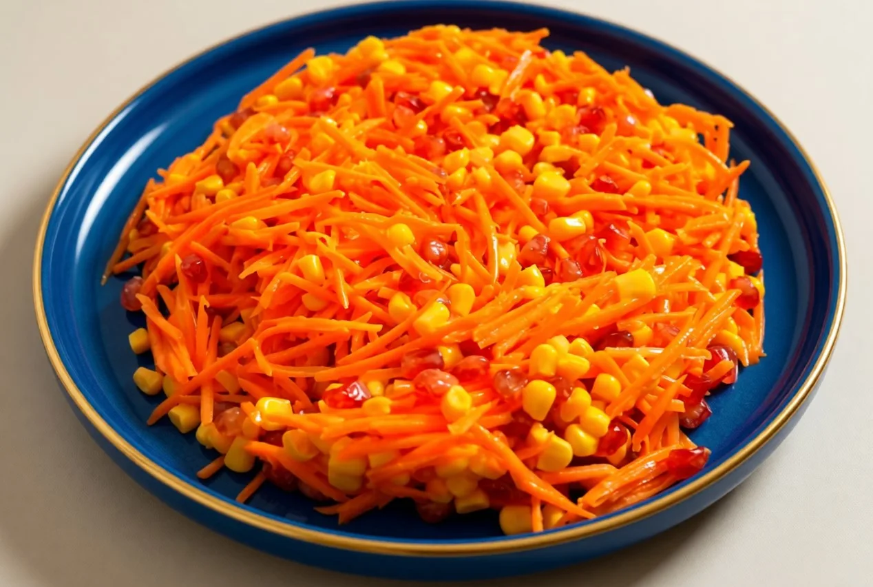 Готовый морковный салат с гранатом и кукурузой, заправленный соусом