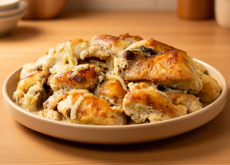 Кусочки скумбрии тушеные в молоке с луком в глубокой форме для запекания