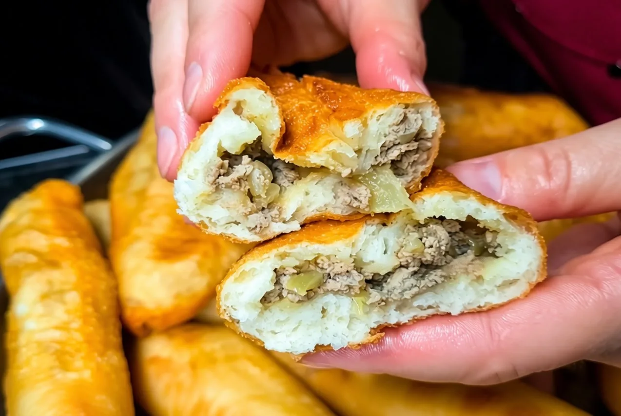 Жареный дрожжевой пирожок с печеночным фаршем и луком в разрезе на тарелке